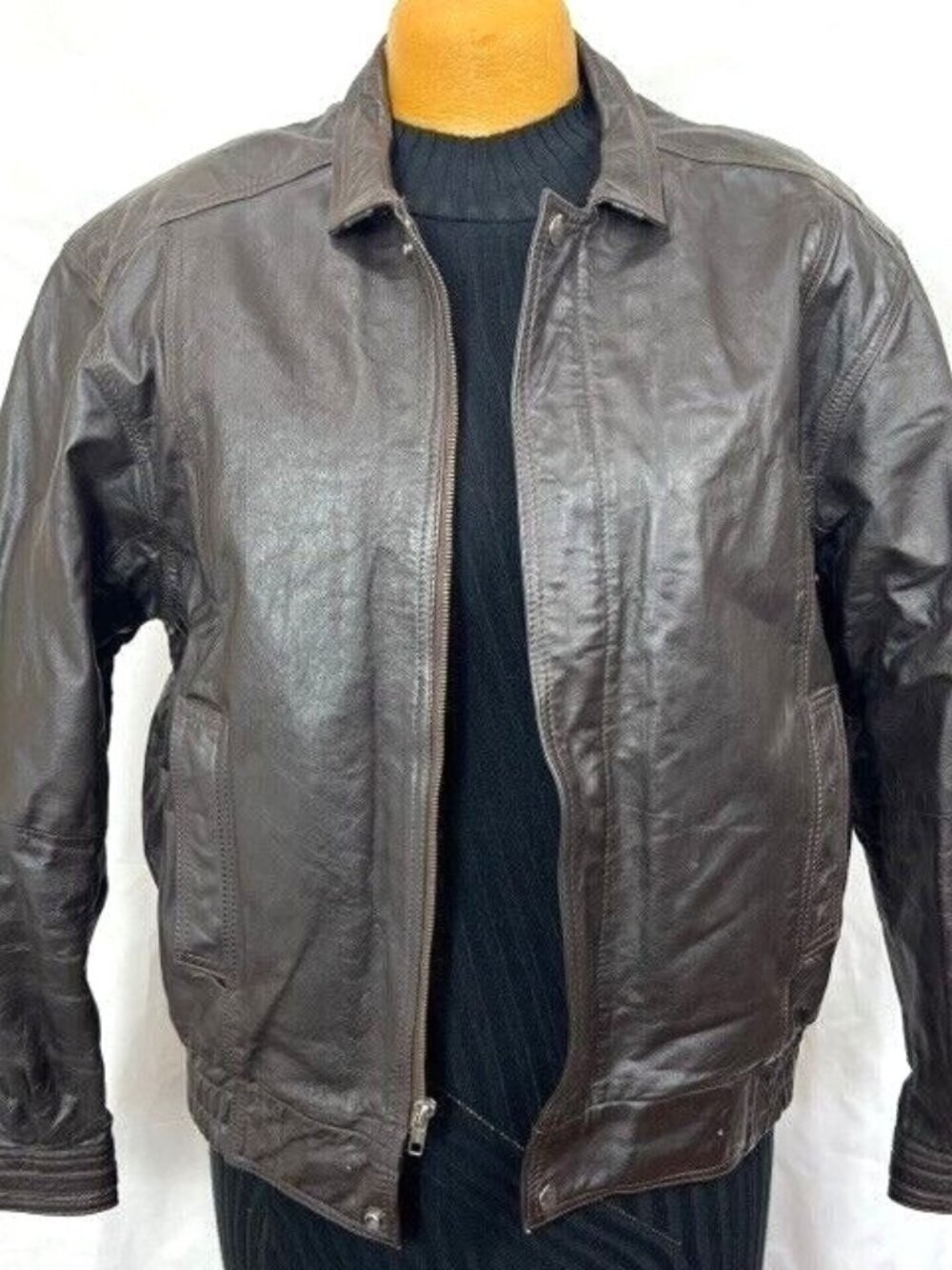 COOPER BRAND DARK BROWN LEATHER JACKET - SIZE L - Broken Zipper